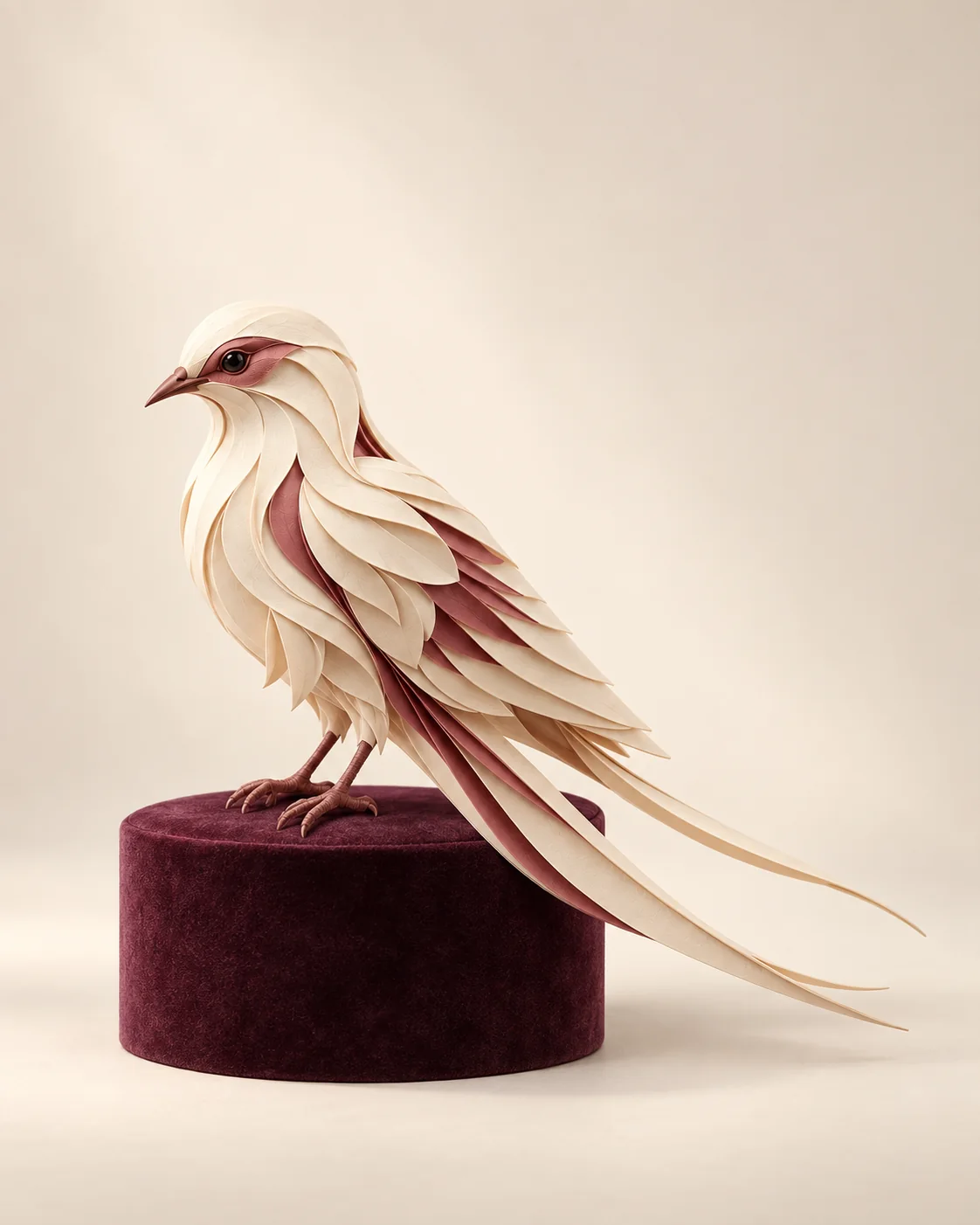 Pasăre sculpturală din straturi de hârtie crem și burgund, așezată pe un soclu de catifea